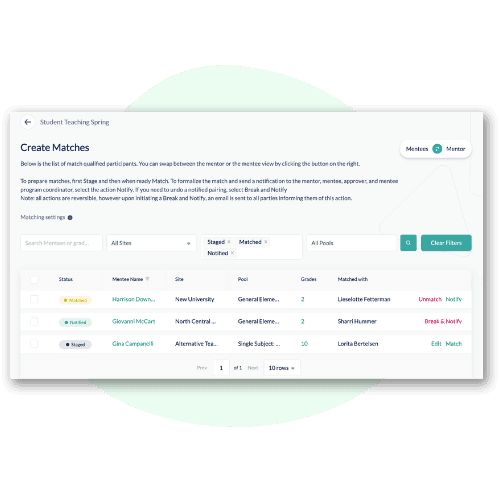 a screenshot of matches being created in a matching event on the Torace platform