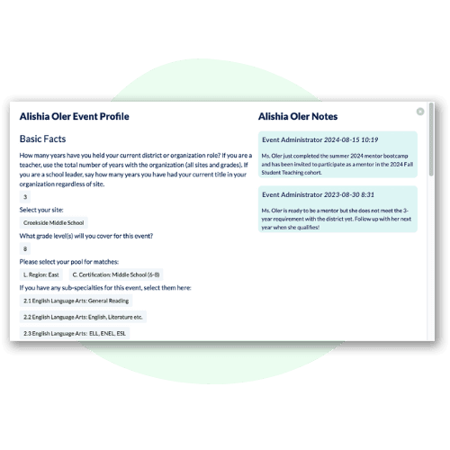 a screenshot of a spring student teaching event on the Torace platform with registration closed preferences open and matches waiting to be created and a list of mentor participants
