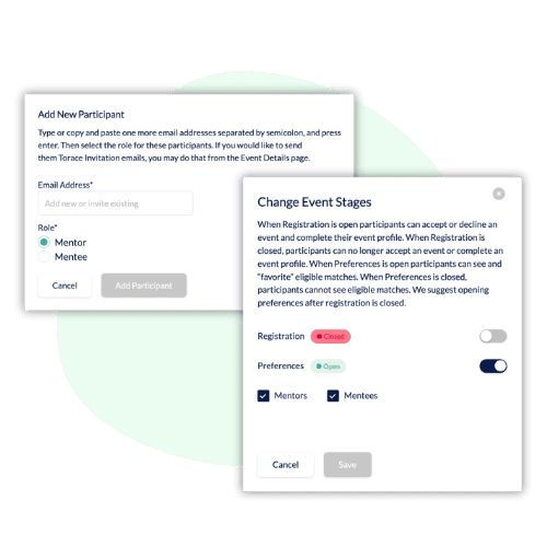 a screenshot of the event creation page on the Torace platform with the fields event name event type event description approximate start and end date of placement upload mentor list and upload mentee list