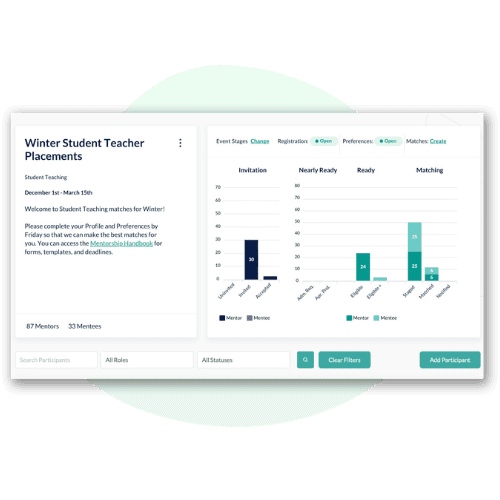 a screenshot of the stages of a spring student teaching event from registration to preferences to matches on the Torace platform with mentors mentees and approvers