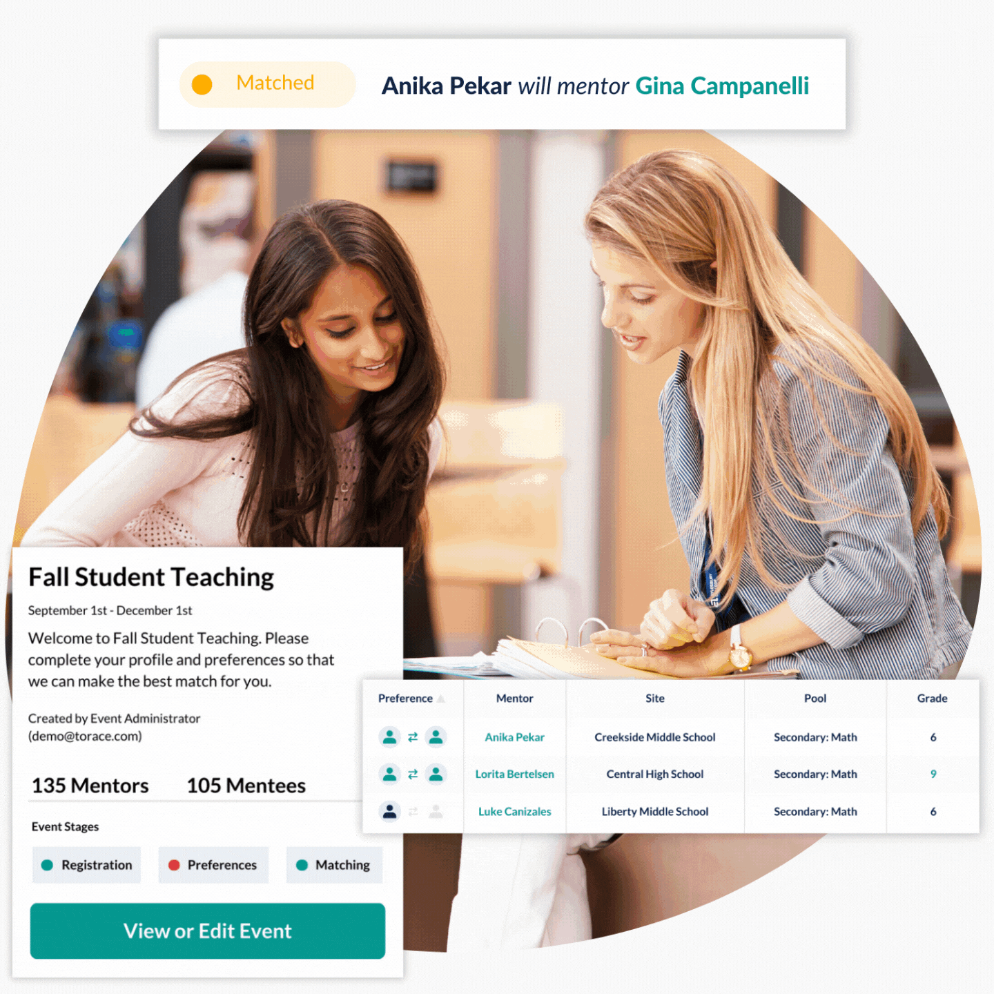 A mentee looks toward a mentor with the Torace matching dashboard displayed